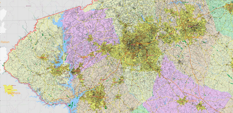 _South Carolina US Vector Map exact extra High Detailed: all Streets Roads Counties and Zipcodes fully editable Adobe Illustrator
