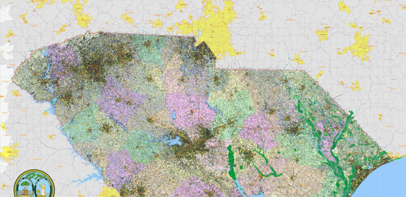_South Carolina US Vector Map exact extra High Detailed: all Streets Roads Counties and Zipcodes fully editable Adobe Illustrator