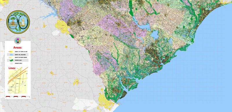 _South Carolina US Vector Map exact extra High Detailed: all Streets Roads Counties and Zipcodes fully editable Adobe Illustrator