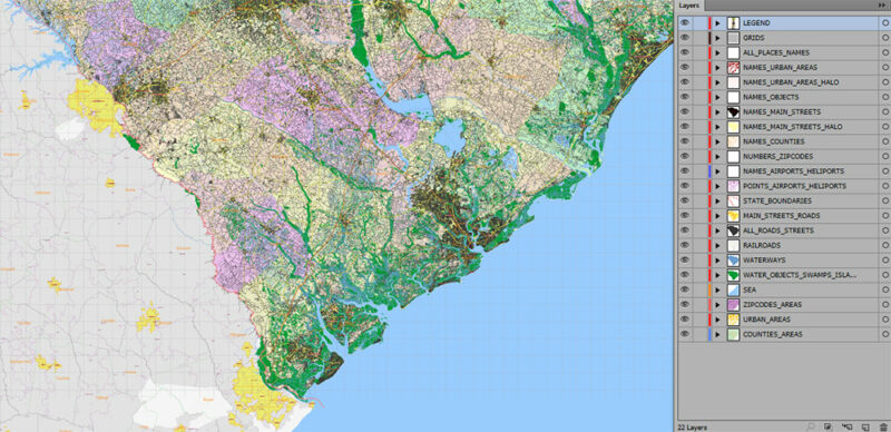 _South Carolina US Vector Map exact extra High Detailed: all Streets Roads Counties and Zipcodes fully editable Adobe Illustrator
