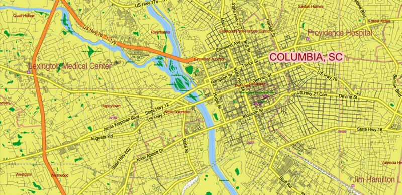 _South Carolina US Vector Map exact extra High Detailed: all Streets Roads Counties and Zipcodes fully editable Adobe Illustrator