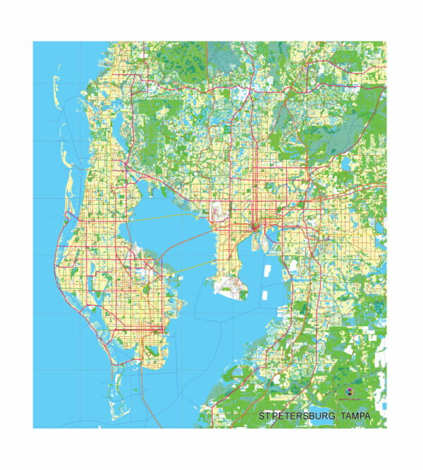 Free Vector map of the City of Tampa + Saint Petersburg, Florida, USA.
