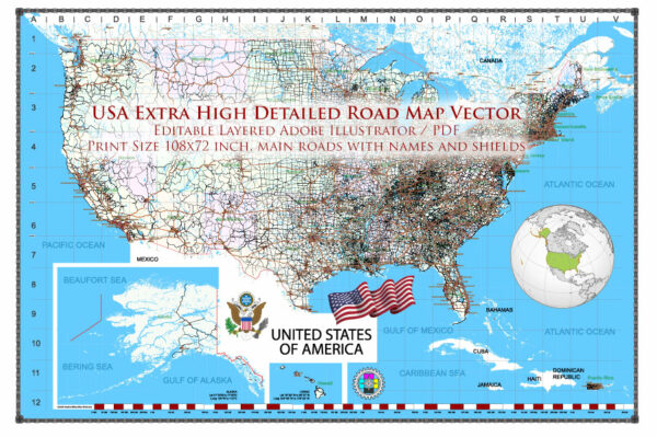 United States Vector Map Extra High Detailed Editable Layered Adobe Illustrator main roads with labels and shields, major cities v.8