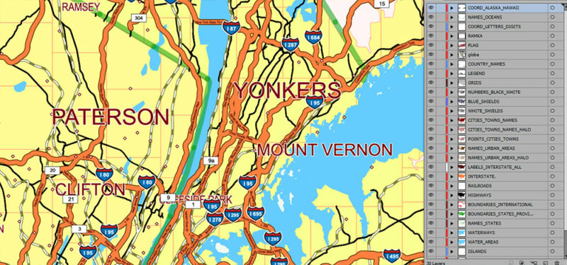 United States Vector Map Extra High Detailed Editable Layered Adobe Illustrator main roads with labels and shields, major cities v.8