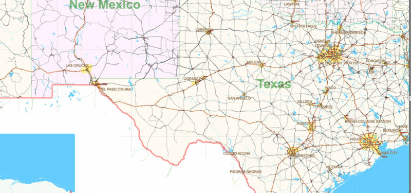United States Vector Map Extra High Detailed Editable Layered Adobe Illustrator main roads with labels and shields, major cities v.8