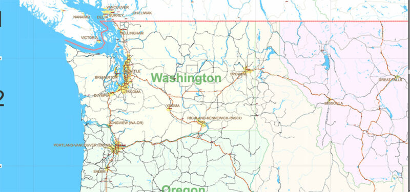 United States Vector Map Extra High Detailed Editable Layered Adobe Illustrator main roads with labels and shields, major cities v.8