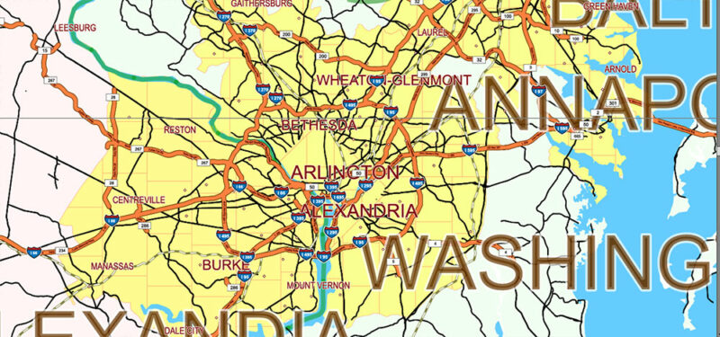 United States Vector Map Extra High Detailed Editable Layered Adobe Illustrator main roads with labels and shields, major cities v.8