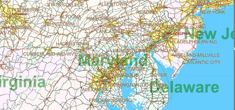 United States Vector Map Extra High Detailed Editable Layered Adobe Illustrator main roads with labels and shields, major cities v.8