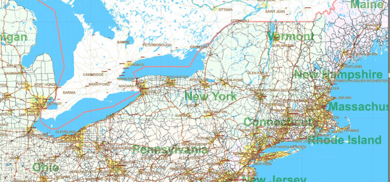 United States Vector Map Extra High Detailed Editable Layered Adobe Illustrator main roads with labels and shields, major cities v.8