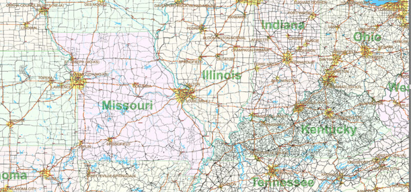 United States Vector Map Extra High Detailed Editable Layered Adobe Illustrator main roads with labels and shields, major cities v.8