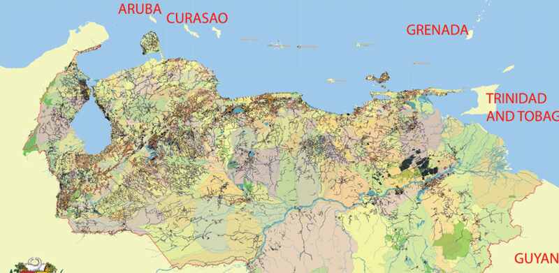 Venezuela High Detailed Vector Map: Admin, Roads, Cities and Towns Editable Layered Adobe Illustrator