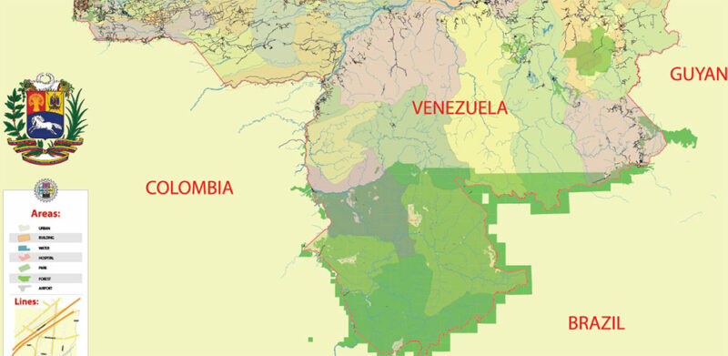 Venezuela High Detailed Vector Map: Admin, Roads, Cities and Towns Editable Layered Adobe Illustrator