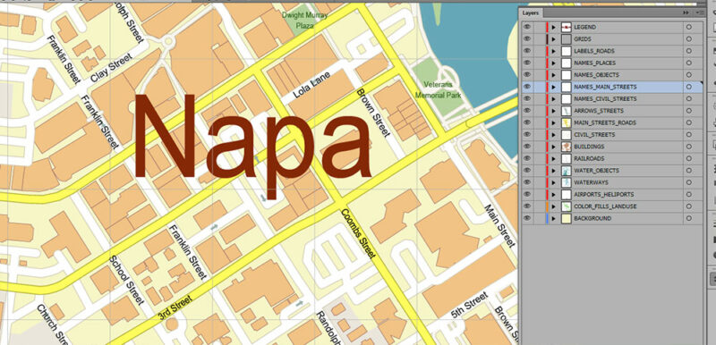 Napa + surrounding areas, California USA High Detailed Vector Map Editable Layered Adobe Illustrator