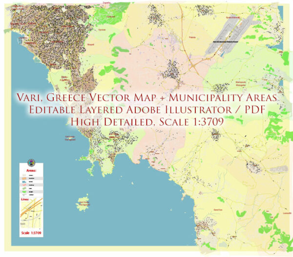 Vari + surrounding areas, Greece High Detailed Vector Map Editable Layered Adobe Illustrator
