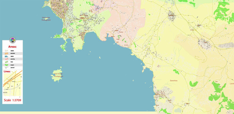 Vari + surrounding areas, Greece High Detailed Vector Map Editable Layered Adobe Illustrator