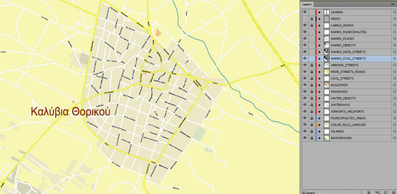 Vari + surrounding areas, Greece High Detailed Vector Map Editable Layered Adobe Illustrator
