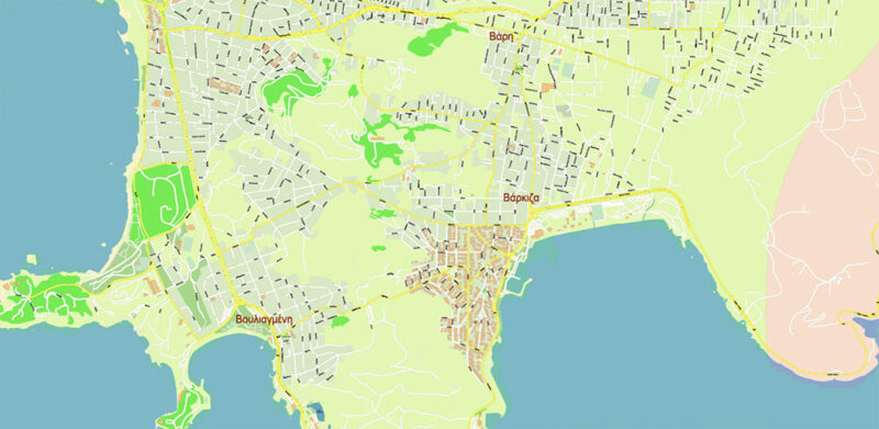 Vari + surrounding areas, Greece High Detailed Vector Map Editable Layered Adobe Illustrator