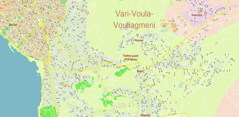 Vari + surrounding areas, Greece High Detailed Vector Map Editable Layered Adobe Illustrator