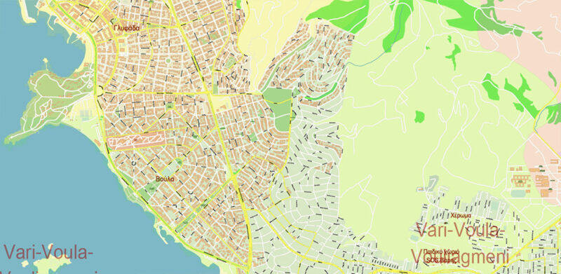 Vari + surrounding areas, Greece High Detailed Vector Map Editable Layered Adobe Illustrator