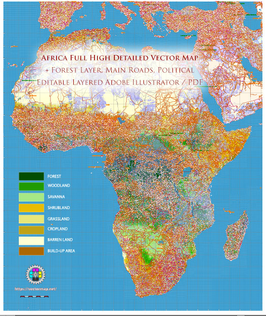 Africa full PDF Vector Map high detailed road and political + Forest Layer, editable layered in Adobe PDF