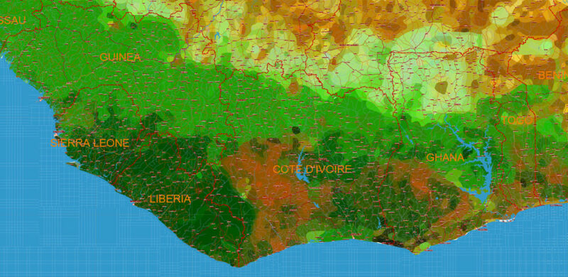 Africa full Vector Map high detailed road and political + Forest Layer, editable layered in Adobe Illustrator