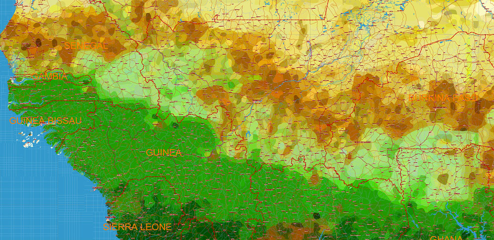 Africa full PDF Vector Map high detailed road and political + Forest Layer, editable layered in Adobe PDF