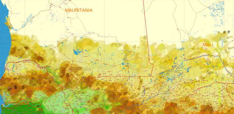 Africa full Vector Map high detailed road and political + Forest Layer, editable layered in Adobe Illustrator