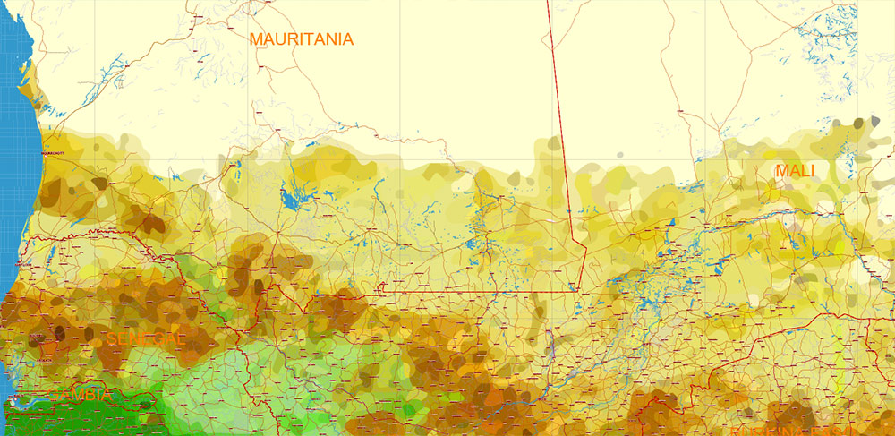Africa full PDF Vector Map high detailed road and political + Forest Layer, editable layered in Adobe PDF