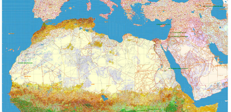 Africa full Vector Map high detailed road and political + Forest Layer, editable layered in Adobe Illustrator
