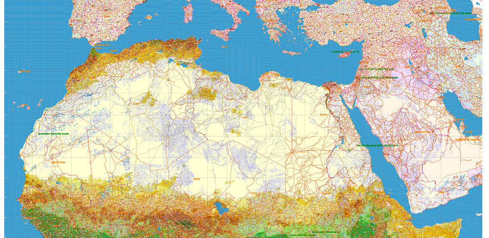 Africa full PDF Vector Map high detailed road and political + Forest Layer, editable layered in Adobe PDF