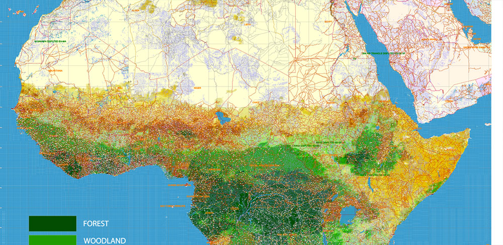 Africa full PDF Vector Map high detailed road and political + Forest Layer, editable layered in Adobe PDF