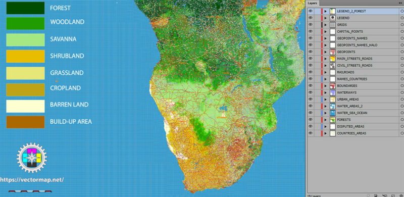Africa full Vector Map high detailed road and political + Forest Layer, editable layered in Adobe Illustrator