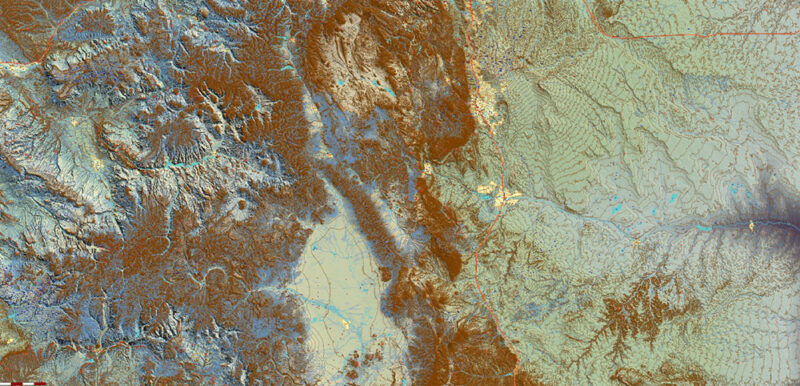 Colorado Full State US Relief Vector Map: Full Extra High Detailed (main roads, water objects, relief isolines) editable Adobe Illustrator in layers