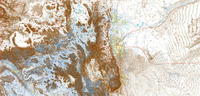Colorado Full State US Relief Vector Map: Full Extra High Detailed (main roads, water objects, relief isolines) editable Adobe Illustrator in layers