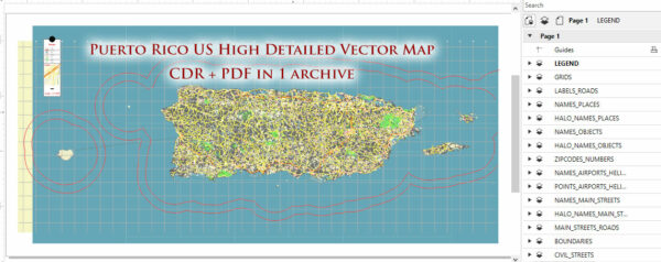 Puerto Rico Full State US CDR + PDF Vector Map: Full Extra High Detailed (all roads, zipcodes, airports) editable Adobe PDF + CDR CorelDraw in layers
