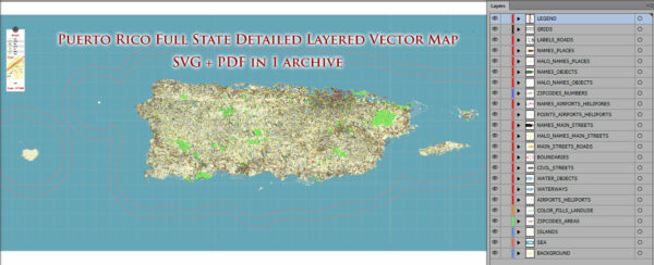 _Puerto Rico Full State US SVG + PDF Vector Map: Full Extra High Detailed (all roads, zipcodes, airports) editable Adobe PDF + SVG in layer