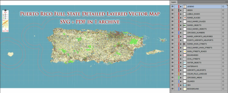 _Puerto Rico Full State US SVG + PDF Vector Map: Full Extra High Detailed (all roads, zipcodes, airports) editable Adobe PDF + SVG in layer
