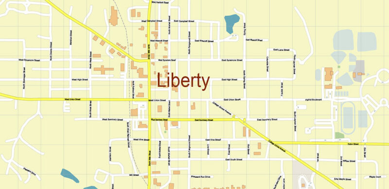 Brookville + Liberty, Indiana USA High Detailed Vector Map Editable Layered Adobe Illustrator