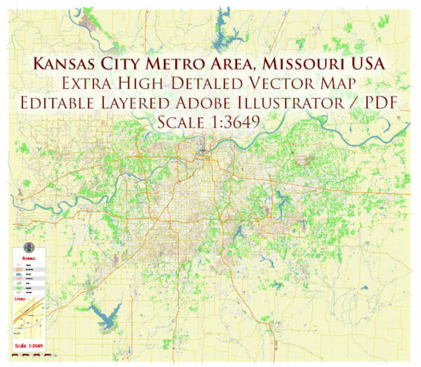 Kansas City Metro Area Missouri USA 2025 Vector Map Exact Extra High Detailed Street Map Adobe Illustrator in layers