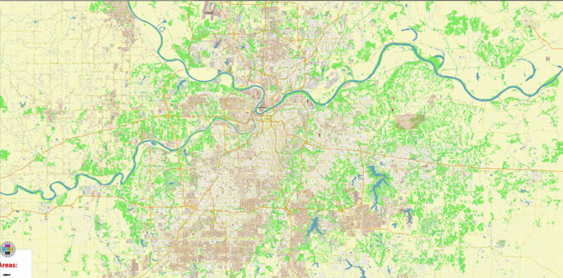 Kansas City Metro Area Missouri USA 2025 Vector Map Exact Extra High Detailed Street Map Adobe Illustrator in layers