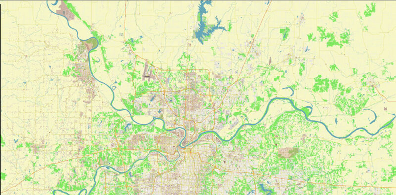 Kansas City Metro Area Missouri USA 2025 Vector Map Exact Extra High Detailed Street Map Adobe Illustrator in layers