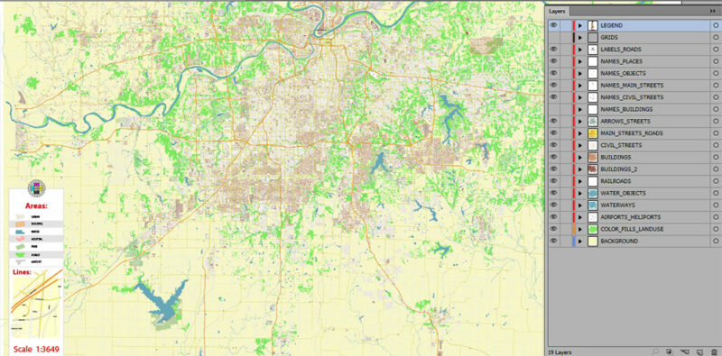 Kansas City Metro Area Missouri USA 2025 Vector Map Exact Extra High Detailed Street Map Adobe Illustrator in layers