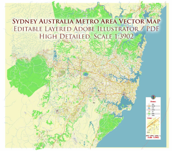 Sydney Metro Area Australia 2025 Vector Map Exact Extra High Detailed Street Map Adobe Illustrator in layers