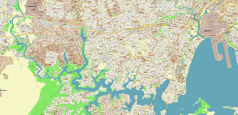 Sydney Metro Area Australia 2025 Vector Map Exact Extra High Detailed Street Map Adobe Illustrator in layers