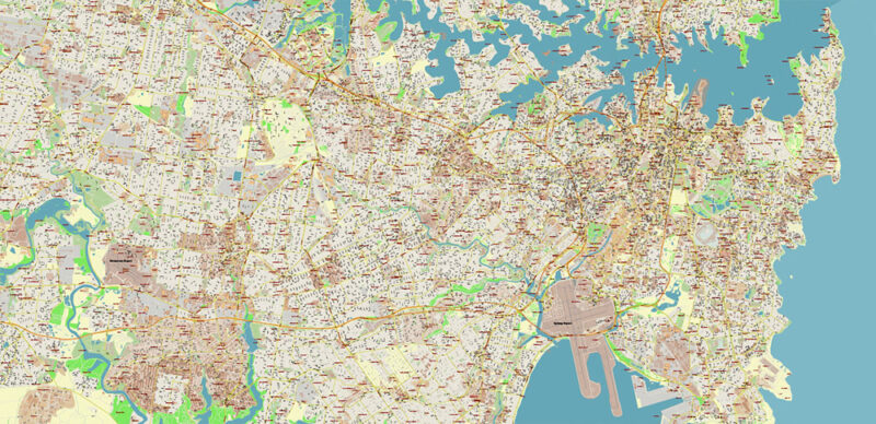 Sydney Metro Area Australia 2025 Vector Map Exact Extra High Detailed Street Map Adobe Illustrator in layers