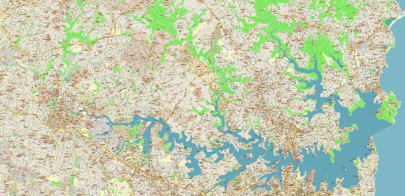 Sydney Metro Area Australia 2025 Vector Map Exact Extra High Detailed Street Map Adobe Illustrator in layers
