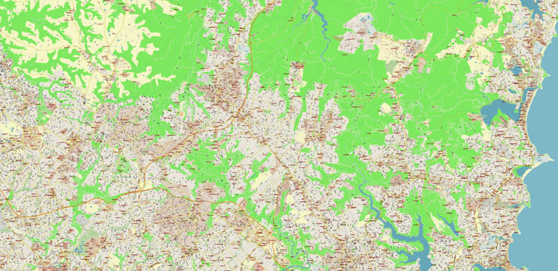 Sydney Metro Area Australia 2025 Vector Map Exact Extra High Detailed Street Map Adobe Illustrator in layers