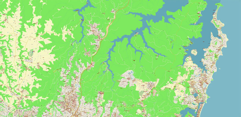 Sydney Metro Area Australia 2025 Vector Map Exact Extra High Detailed Street Map Adobe Illustrator in layers