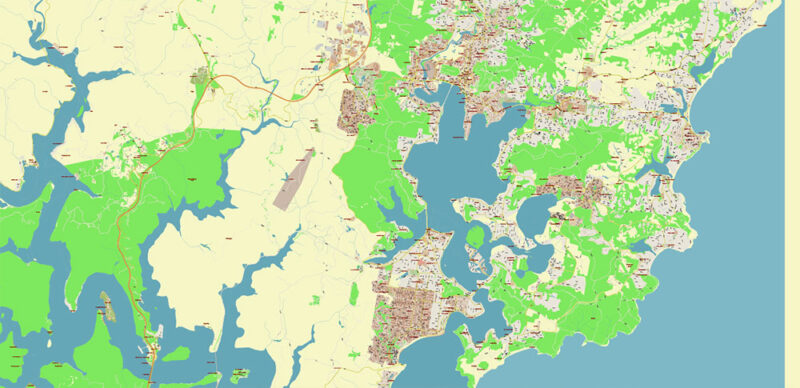 Sydney Metro Area Australia 2025 Vector Map Exact Extra High Detailed Street Map Adobe Illustrator in layers