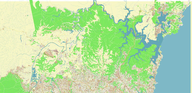 Sydney Metro Area Australia 2025 Vector Map Exact Extra High Detailed Street Map Adobe Illustrator in layers